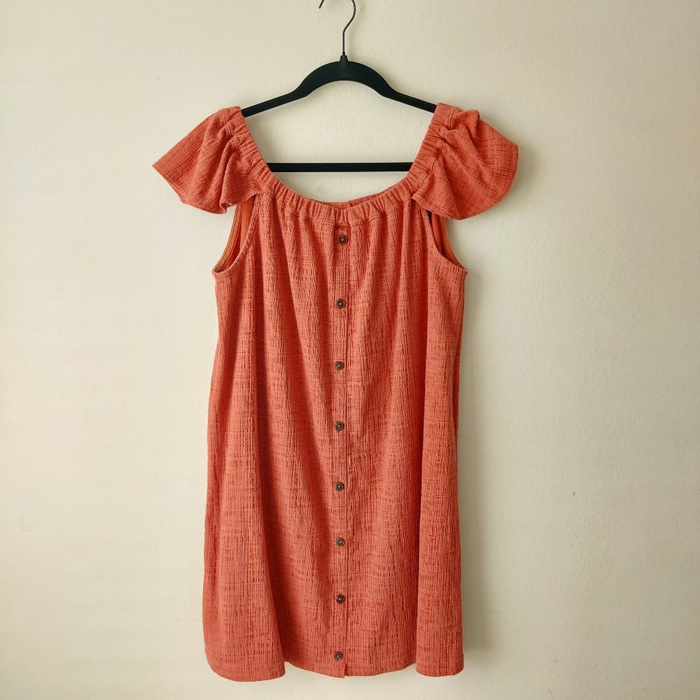 Madewell Burnt Orange Button Up Trapeze Off the Shoulder Dress